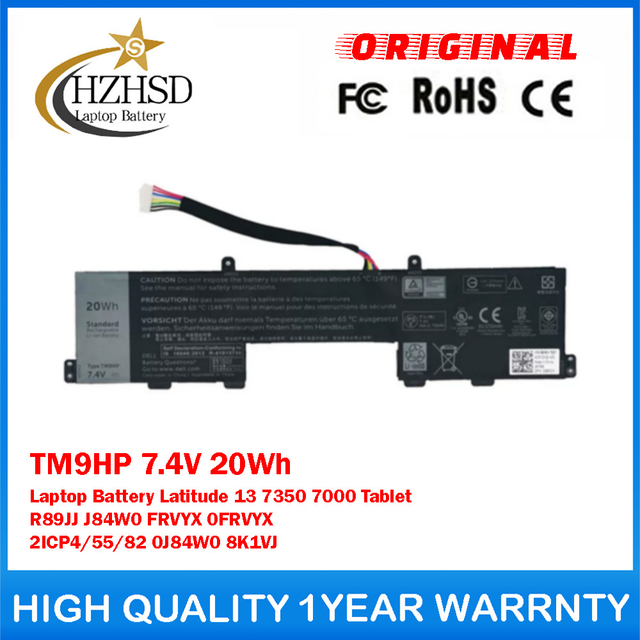 TM9HP 7.4V 20Wh Genuine Original Laptop Battery For Dell Latitude 13 7350 7000 Tablet R89JJ J84W0 FRVYX 0FRVYX 2ICP4/55/82 0J84W0 8K1VJ