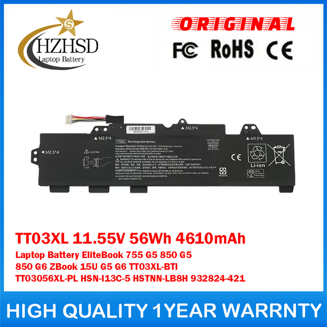 TT03XL 11.55V 56Wh 4610mAh Genuine Original Laptop Battery For HP EliteBook 755 G5 850 G5 850 G6 ZBook 15U G5 G6 TT03XL-BTI TT03056XL-PL HSN-I13C-5 HSTNN-LB8H 932824-421