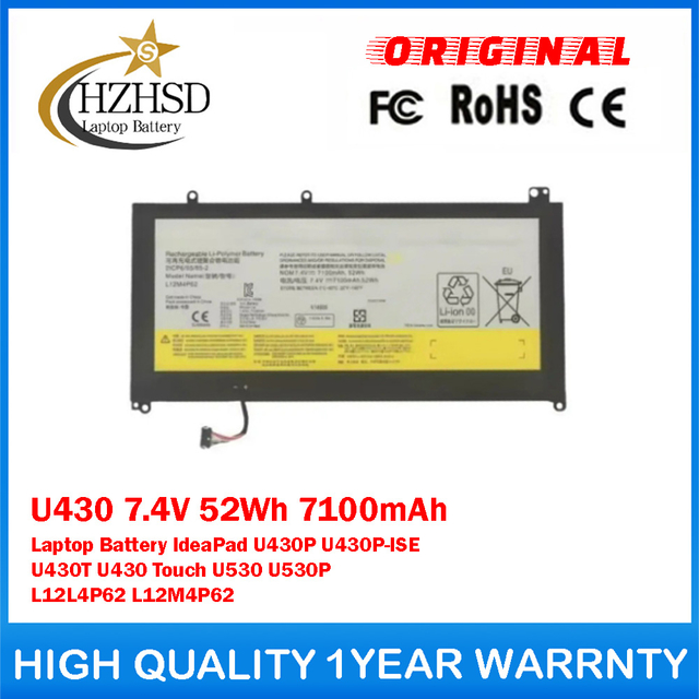 U430 7.4V 52Wh 7100mAh Genuine Original Laptop Battery For Lenovo IdeaPad U430P U430P-ISE U430T U430 Touch U530 U530P L12L4P62 L12M4P62