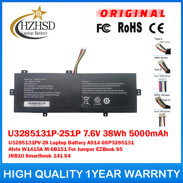 U3285131P-2S1P 7.6V 38Wh 5000mAh U3285131PV-2S Genuine Original Laptop Battery For Jumper EZBook S5 JNB10 Smartbook 141 S4 Haier A914 GSP3285131 Atvio W1415A M-SB151