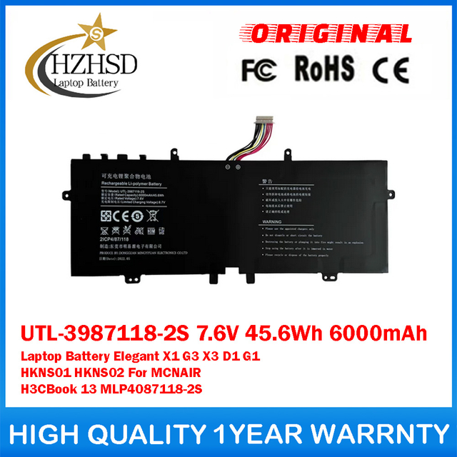 UTL-3987118-2S 7.6V 45.6Wh 6000mAh Genuine Original Laptop Battery For Hasee Elegant X1 G3 X3 D1 G1 HKNS01 HKNS02 For MCNAIR H3CBook 13 MLP4087118-2S