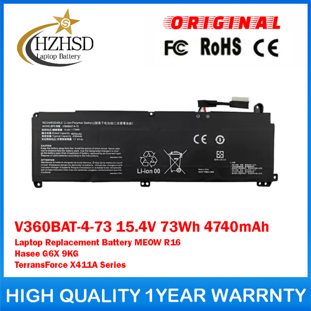 V360BAT-4-73 15.4V 73Wh 4740mAh Genuine Original Laptop Replacement Battery For COLORFIRE MEOW R16 Hasee G6X 9KG Terrans Force X411A Series