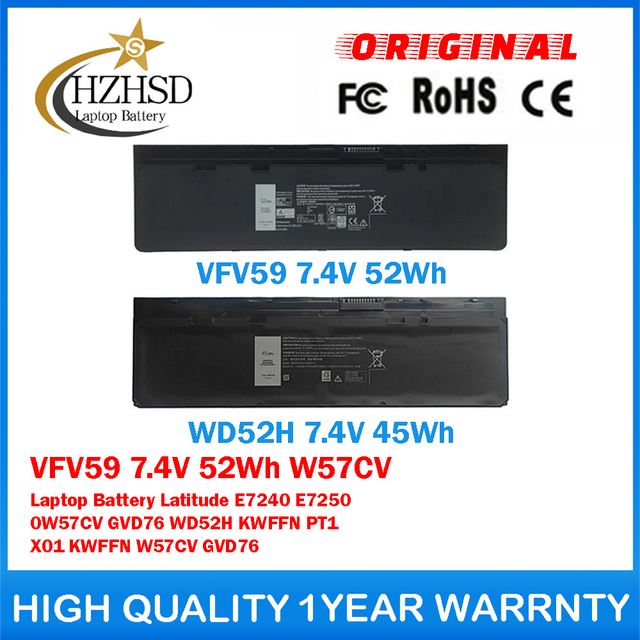 VFV59 7.4V 52Wh W57CV 7.4V 45Wh Genuine Original Laptop Battery For DELL Latitude E7240 E7250 0W57CV GVD76 WD52H KWFFN PT1 X01 KWFFN W57CV GVD76
