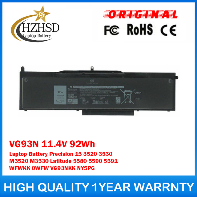 VG93N 11.4V 92Wh Genuine Original Laptop Battery For DELL Precision 15 3520 3530 M3520 M3530 Latitude 5580 5590 5591 WFWKK 0WFW VG93NKK NY5PG