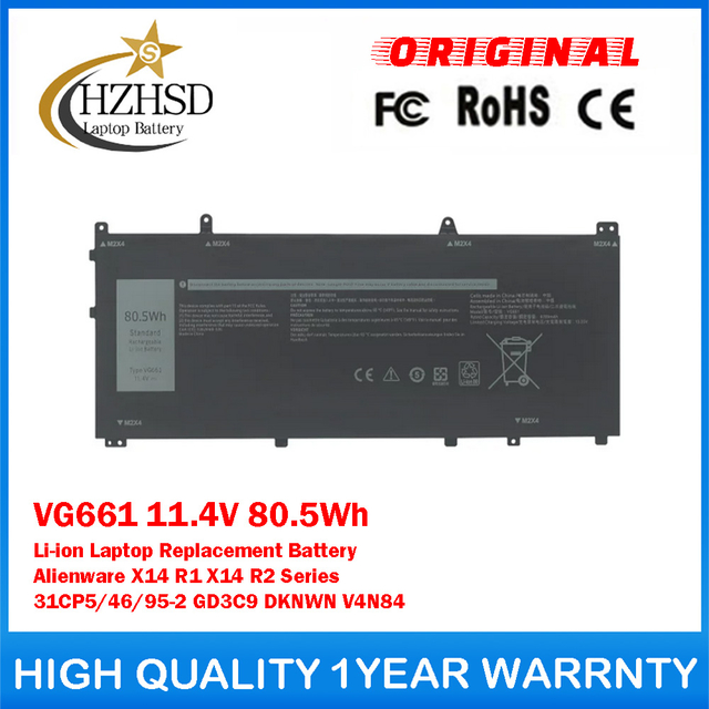 VG661 11.4V 80.5Wh Genuine Original Li-ion Laptop Replacement Battery For DELL Alienware X14 R1 X14 R2 Series 31CP5/46/95-2 GD3C9 DKNWN V4N84