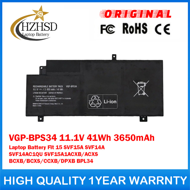 VGP-BPS34 11.1V 41Wh 3650mAh Genuine Original Laptop Battery For SONY Vaio Fit 15 SVF15A SVF14A SVF14AC1QU SVF15A1ACXB/ACXS/BCXB/BCXS/CCXB/DPXB BPL34