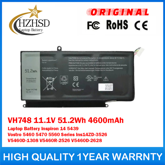 VH748 11.1V 51.2Wh 4600mAh Genuine Original Laptop Battery For Dell Inspiron 14 5439 Vostro 5460 5470 5560 Ins14ZD-3526 V5460D-1308 V5460R-2526 V5460D-2628