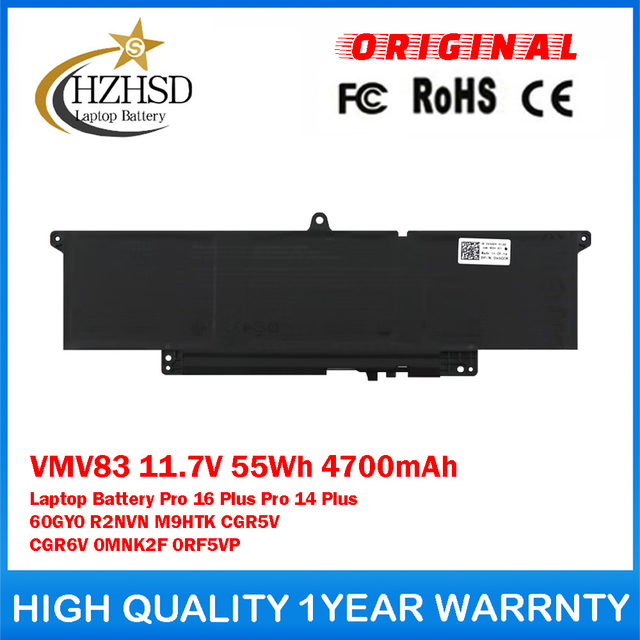VMV83 11.7V 55Wh 4700mAh Genuine Original Laptop Battery For DELL Pro 16 Plus Pro 14 Plus 60GY0 R2NVN M9HTK CGR5V CGR6V 0MNK2F 0RF5VP