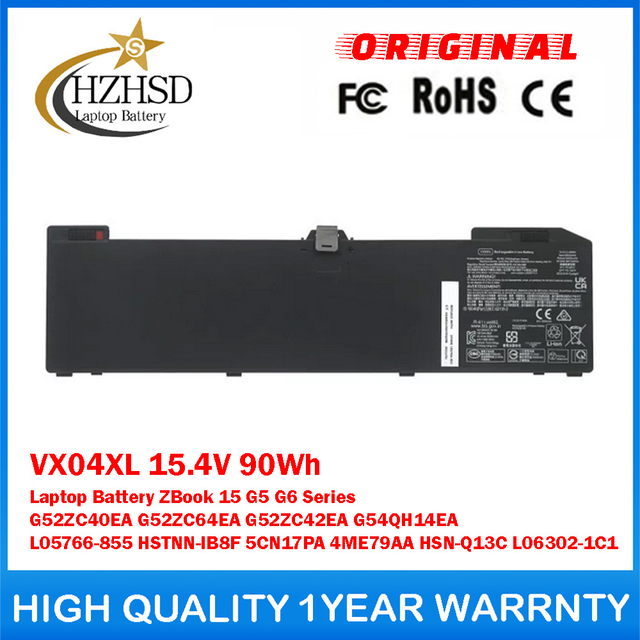 VX04XL 15.4V 90Wh Genuine Original Laptop Battery For HP ZBook 15 G5 G6 Series G52ZC40EA G52ZC64EA G52ZC42EA G54QH14EA L05766-855 HSTNN-IB8F 5CN17PA 4ME79AA HSN-Q13C L06302-1C1