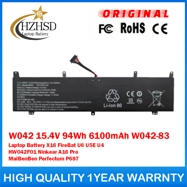 W042 15.4V 94Wh 6100mAh W042-83 Genuine Original Laptop Battery For WooKing X16 For FireBat U6 U5E U4 HW042F01 Ninkear A16 Pro MaiBenBen Perfectum P687