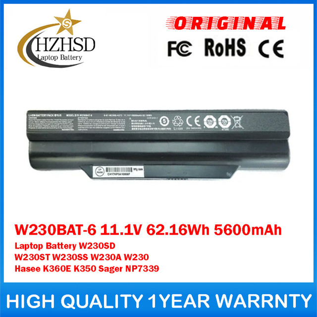 W230BAT-6 11.1V 62.16Wh 5600mAh Genuine Original Laptop Battery For Clevo W230SD W230ST W230SS W230A W230 Hasee K360E K350 Sager NP7339