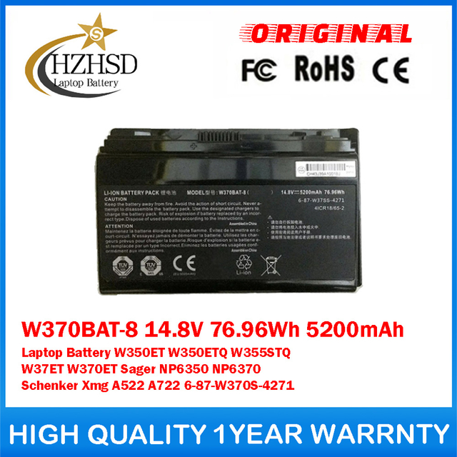 W370BAT-8 14.8V 76.96Wh 5200mAh Genuine Original Laptop Battery For Clevo W350ET W350ETQ W355STQ W37ET W370ET Sager NP6350 NP6370 Schenker Xmg A522 A722 6-87-W370S-4271