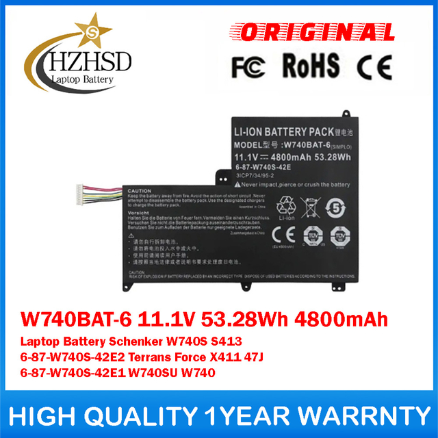 W740BAT-6 11.1V 53.28Wh 4800mAh Genuine Original Laptop Battery For Clevo Schenker W740S S413 6-87-W740S-42E2 Terrans Force X411 47J 6-87-W740S-42E1 W740SU W740
