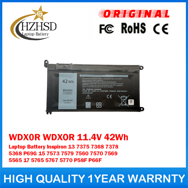 WDX0R WDXOR 11.4V 42Wh Genuine Original Laptop Battery For Dell Inspiron 13 7375 7368 7378 5368 P69G 15 7573 7579 7560 7570 7569 5565 17 5765 5767 5770 P58F P66F