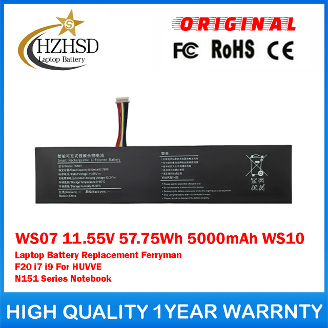WS07 11.55V 57.75Wh 5000mAh WS10 Genuine Original Laptop Battery Replacement For Huwi Ferryman F20 i7 i9 For HUVVE N151 Series Notebook
