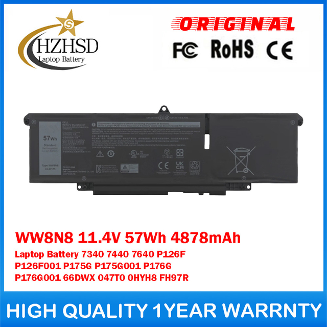 WW8N8 11.4V 57Wh 4878mAh Genuine Original Laptop Battery For Dell Latitude 7340 7440 7640 P126F P126F001 P175G P175G001 P176G P176G001 66DWX 047T0 0HYH8 FH97R