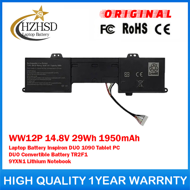 WW12P 14.8V 29Wh 1950mAh Genuine Original Laptop Battery For Dell Inspiron DUO 1090 Tablet PC DUO Convertible Battery TR2F1 9YXN1 Lithium Notebook