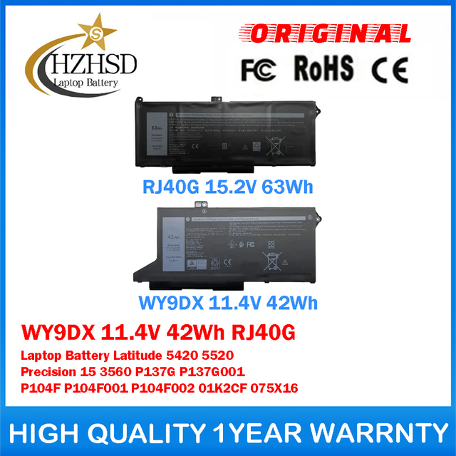 WY9DX 11.4V 42Wh RJ40G Genuine Original Laptop Battery For Dell Latitude 5420 5520 Precision 15 3560 P137G P137G001 P104F P104F001 P104F002 01K2CF 075X16