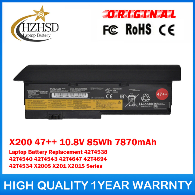 X200 47++ 10.8V 85Wh 7870mAh Genuine Original Laptop Battery Replacement For Lenovo 42T4538 42T4540 42T4543 42T4647 42T4694 42T4534 X200S X201 X201S Series
