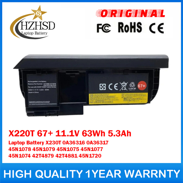 X220T 67+ 11.1V 63Wh 5.3Ah Genuine Original Laptop Battery For Lenovo X230T 0A36316 0A36317 45N1078 45N1079 45N1075 45N1077 45N1074 42T4879 42T4881 45N1720