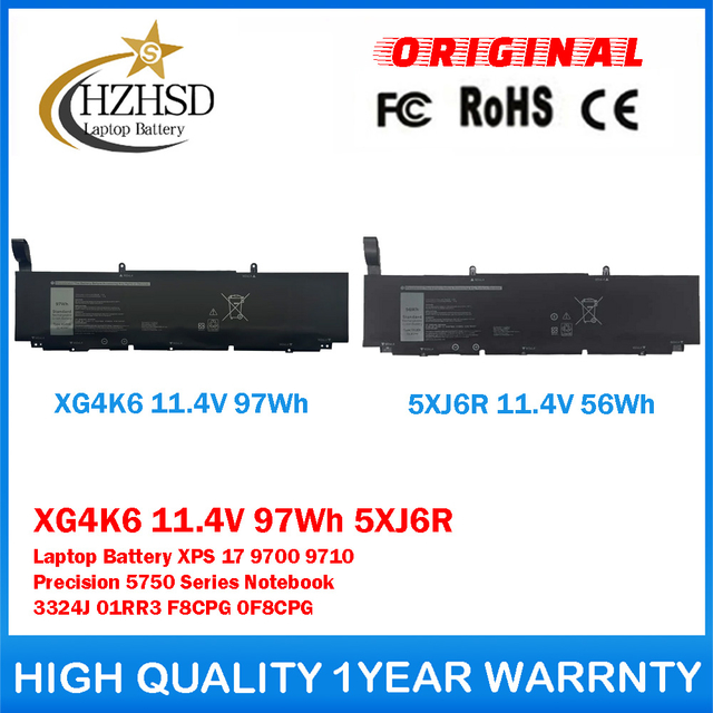 XG4K6 11.4V 97Wh 5XJ6R Genuine Original Laptop Battery For Dell XPS 17 9700 9710 Precision 5750 Series Notebook 3324J 01RR3 F8CPG 0F8CPG