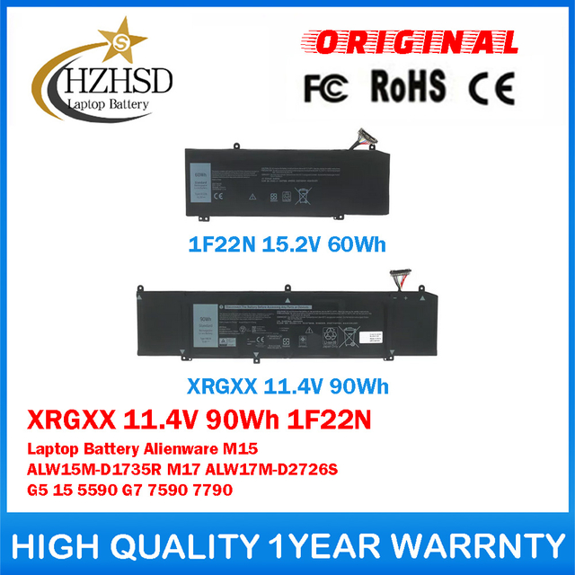 XRGXX 11.4V 90Wh 1F22N Genuine Original Laptop Battery For Dell Alienware M15 ALW15M-D1735R M17 ALW17M-D2726S G5 15 5590 G7 7590 7790