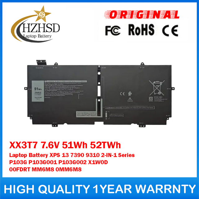 XX3T7 7.6V 51Wh 52TWh Genuine Original Laptop Battery For Dell XPS 13 7390 9310 2-IN-1 Series P103G P103G001 P103G002 X1W0D 00FDRT MM6M8 0MM6M8