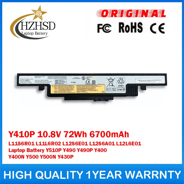 Y410P 10.8V 72Wh 6700mAh L11S6R01 L12S6E01 L11L6R02 L12S6A01 L12L6E01 Genuine Original Laptop Battery For Lenovo Y510P Y490 Y490P Y400 Y400N Y500 Y500N Y430P