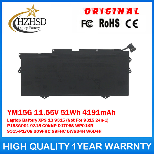 YM15G 11.55V 51Wh 4191mAh Genuine Original Laptop Battery For Dell XPS 13 9315 (Not For 9315 2-in-1) P153G001 9315-C0NNP D1705S WP01KR 9315-P1708 0G9FHC G9FHC 0W6D4H W6D4H