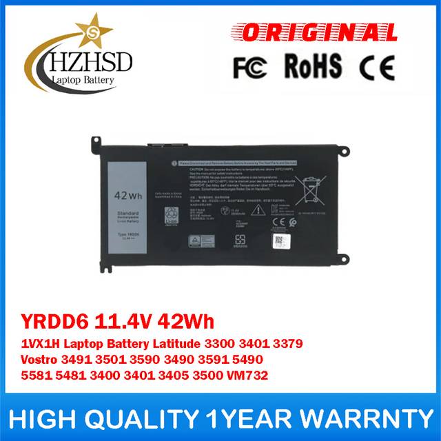 YRDD6 11.4V 42Wh 1VX1H Genuine Original Laptop Battery For Dell Latitude 3300 3401 3379 Vostro 3491 3501 3590 3490 3591 5490 5581 5481 3400 3401 3405 3500 VM732