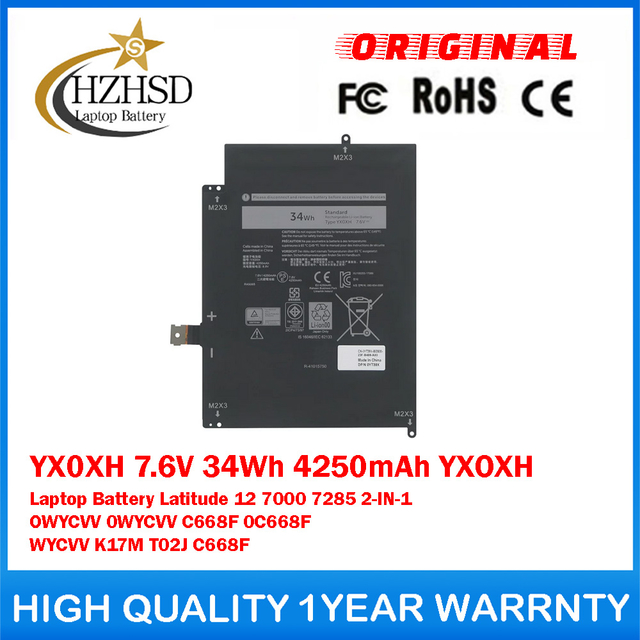 YX0XH 7.6V 34Wh 4250mAh YXOXH Genuine Original Laptop Battery For Dell Latitude 12 7000 7285 2-IN-1 OWYCVV 0WYCVV C668F 0C668F WYCVV K17M T02J C668F